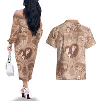 Hawaii Plumeria Couples Matching Off The Shoulder Long Sleeve Dress and Hawaiian Shirt Hau'oli la Makuahine Beige LT7 - Polynesian Pride
