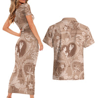 Hawaii Plumeria Couples Matching Short Sleeve Bodycon Dress and Hawaiian Shirt Hau'oli la Makuahine Beige LT7 - Polynesian Pride