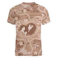 Hawaii Plumeria Women V Neck T Shirt Hau'oli la Makuahine Beige LT7 - Polynesian Pride