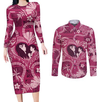 Hawaii Plumeria Couples Matching Long Sleeve Bodycon Dress and Long Sleeve Button Shirt Hau'oli la Makuahine Rosy LT7 Pink - Polynesian Pride