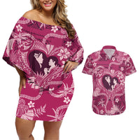Hawaii Plumeria Couples Matching Off Shoulder Short Dress and Hawaiian Shirt Hau'oli la Makuahine Rosy LT7 Pink - Polynesian Pride