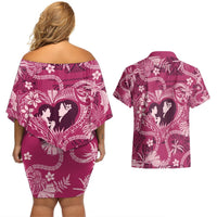 Hawaii Plumeria Couples Matching Off Shoulder Short Dress and Hawaiian Shirt Hau'oli la Makuahine Rosy LT7 - Polynesian Pride