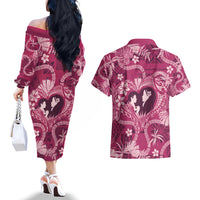 Hawaii Plumeria Couples Matching Off The Shoulder Long Sleeve Dress and Hawaiian Shirt Hau'oli la Makuahine Rosy LT7 - Polynesian Pride