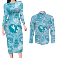 Hawaii Plumeria Couples Matching Long Sleeve Bodycon Dress and Long Sleeve Button Shirt Hau'oli la Makuahine Turquoise LT7 Turquoise - Polynesian Pride