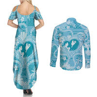 Hawaii Plumeria Couples Matching Summer Maxi Dress and Long Sleeve Button Shirt Hau'oli la Makuahine Turquoise LT7 - Polynesian Pride