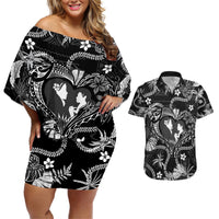 Hawaii Plumeria Couples Matching Off Shoulder Short Dress and Hawaiian Shirt Hau'oli la Makuahine Monochrome LT7 Black - Polynesian Pride
