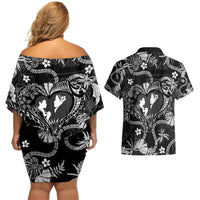 Hawaii Plumeria Couples Matching Off Shoulder Short Dress and Hawaiian Shirt Hau'oli la Makuahine Monochrome LT7 - Polynesian Pride