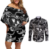 Hawaii Plumeria Couples Matching Off Shoulder Short Dress and Long Sleeve Button Shirt Hau'oli la Makuahine Monochrome LT7 Black - Polynesian Pride
