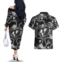 Hawaii Plumeria Couples Matching Off The Shoulder Long Sleeve Dress and Hawaiian Shirt Hau'oli la Makuahine Monochrome LT7 - Polynesian Pride