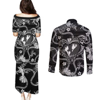 Hawaii Plumeria Couples Matching Puletasi and Long Sleeve Button Shirt Hau'oli la Makuahine Monochrome LT7 - Polynesian Pride