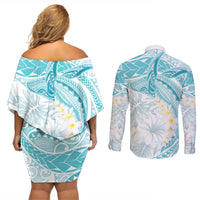 Polynesia Humpback Whale Couples Matching Off Shoulder Short Dress and Long Sleeve Button Shirt Tropical Plumeria Turquoise