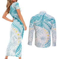 Polynesia Humpback Whale Couples Matching Short Sleeve Bodycon Dress and Long Sleeve Button Shirt Tropical Plumeria Turquoise