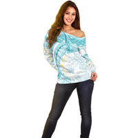 Polynesia Humpback Whale Off Shoulder Sweater Tropical Plumeria Turquoise