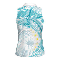 Polynesia Humpback Whale Women Sleeveless Polo Shirt Tropical Plumeria Turquoise