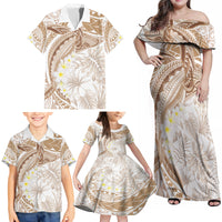 Polynesia Humpback Whale Family Matching Off Shoulder Maxi Dress and Hawaiian Shirt Tropical Plumeria Beige