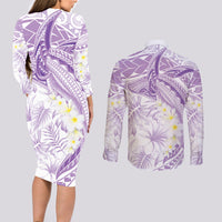 Polynesia Humpback Whale Couples Matching Long Sleeve Bodycon Dress and Long Sleeve Button Shirt Tropical Plumeria Lavender LT7 - Polynesian Pride
