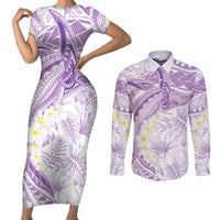 Polynesia Humpback Whale Couples Matching Short Sleeve Bodycon Dress and Long Sleeve Button Shirt Tropical Plumeria Lavender