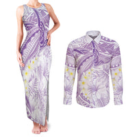 Polynesia Humpback Whale Couples Matching Tank Maxi Dress and Long Sleeve Button Shirt Tropical Plumeria Lavender