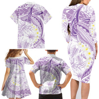 Polynesia Humpback Whale Family Matching Long Sleeve Bodycon Dress and Hawaiian Shirt Tropical Plumeria Lavender
