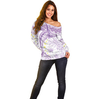 Polynesia Humpback Whale Off Shoulder Sweater Tropical Plumeria Lavender