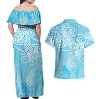 Aotearoa Maori Koru Curves Couples Matching Off Shoulder Maxi Dress and Hawaiian Shirt Silver Ferns - Turquoise