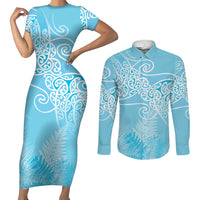 Aotearoa Maori Koru Curves Couples Matching Short Sleeve Bodycon Dress and Long Sleeve Button Shirt Silver Ferns - Turquoise