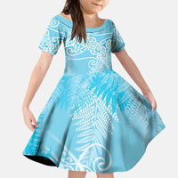 Aotearoa Maori Koru Curves Family Matching Long Sleeve Bodycon Dress and Hawaiian Shirt Silver Ferns - Turquoise LT7 Daughter's Dress Turquoise - Polynesian Pride