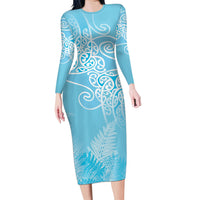 Aotearoa Maori Koru Curves Family Matching Long Sleeve Bodycon Dress and Hawaiian Shirt Silver Ferns - Turquoise LT7 Mom's Dress Turquoise - Polynesian Pride