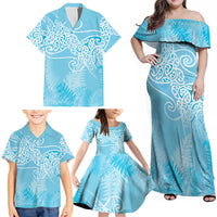 Aotearoa Maori Koru Curves Family Matching Off Shoulder Maxi Dress and Hawaiian Shirt Silver Ferns - Turquoise LT7 - Polynesian Pride