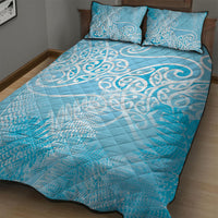Aotearoa Maori Koru Curves Quilt Bed Set Silver Ferns - Turquoise