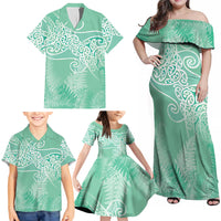 Aotearoa Maori Koru Curves Family Matching Off Shoulder Maxi Dress and Hawaiian Shirt Silver Ferns - Mint LT7 - Polynesian Pride