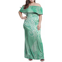 Aotearoa Maori Koru Curves Family Matching Off Shoulder Maxi Dress and Hawaiian Shirt Silver Ferns - Mint LT7 Mom's Dress Mint Green - Polynesian Pride