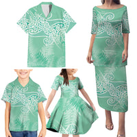 Aotearoa Maori Koru Curves Family Matching Puletasi and Hawaiian Shirt Silver Ferns - Mint