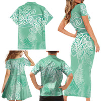 Aotearoa Maori Koru Curves Family Matching Short Sleeve Bodycon Dress and Hawaiian Shirt Silver Ferns - Mint LT7 - Polynesian Pride