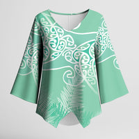 Aotearoa Maori Koru Curves Kimono Sleeve Blouse Silver Ferns - Mint