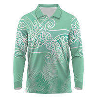 Aotearoa Maori Koru Curves Long Sleeve Polo Shirt Silver Ferns - Mint