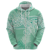 Aotearoa Maori Koru Curves Zip Hoodie Silver Ferns - Mint