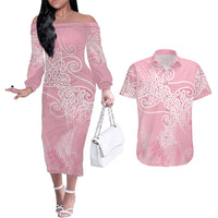 Aotearoa Maori Koru Curves Couples Matching Off The Shoulder Long Sleeve Dress and Hawaiian Shirt Silver Ferns - Rose Pink LT7 Pink - Polynesian Pride