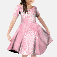 Aotearoa Maori Koru Curves Family Matching Off Shoulder Short Dress and Hawaiian Shirt Silver Ferns - Rose Pink LT7 Daughter's Dress Pink - Polynesian Pride