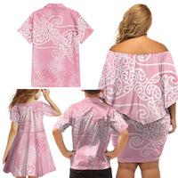 Aotearoa Maori Koru Curves Family Matching Off Shoulder Short Dress and Hawaiian Shirt Silver Ferns - Rose Pink LT7 - Polynesian Pride