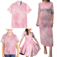 Aotearoa Maori Koru Curves Family Matching Puletasi and Hawaiian Shirt Silver Ferns - Rose Pink LT7 - Polynesian Pride