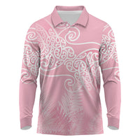 Aotearoa Maori Koru Curves Long Sleeve Polo Shirt Silver Ferns - Rose Pink