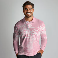 Aotearoa Maori Koru Curves Long Sleeve Polo Shirt Silver Ferns - Rose Pink