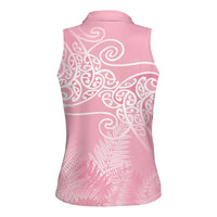 Aotearoa Maori Koru Curves Women Sleeveless Polo Shirt Silver Ferns - Rose Pink