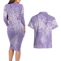 Aotearoa Maori Koru Curves Couples Matching Long Sleeve Bodycon Dress and Hawaiian Shirt Silver Ferns - Amethyst