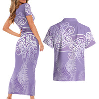 Aotearoa Maori Koru Curves Couples Matching Short Sleeve Bodycon Dress and Hawaiian Shirt Silver Ferns - Amethyst