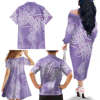 Aotearoa Maori Koru Curves Family Matching Off The Shoulder Long Sleeve Dress and Hawaiian Shirt Silver Ferns - Amethyst LT7 - Polynesian Pride