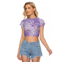 Aotearoa Maori Koru Curves Raglan Cropped T Shirt Silver Ferns - Amethyst