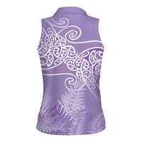 Aotearoa Maori Koru Curves Women Sleeveless Polo Shirt Silver Ferns - Amethyst
