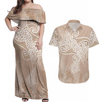 Aotearoa Maori Koru Curves Couples Matching Off Shoulder Maxi Dress and Hawaiian Shirt Silver Ferns - Mocha
